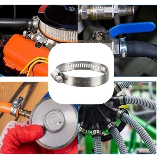 Hose clamps are adjustable metal bands that secure hoses to fittings