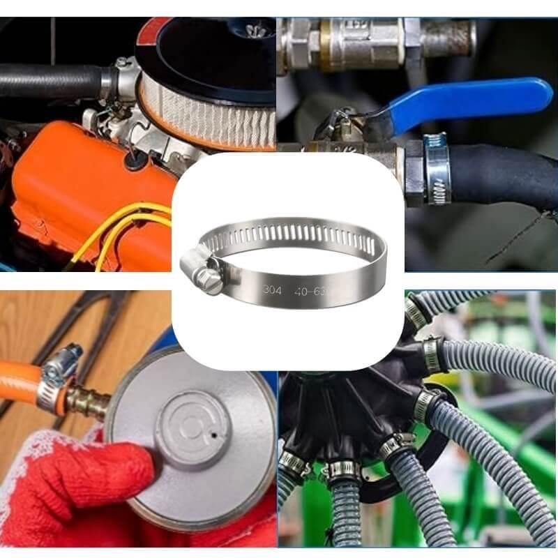 Hose clamps are adjustable metal bands that secure hoses to fittings